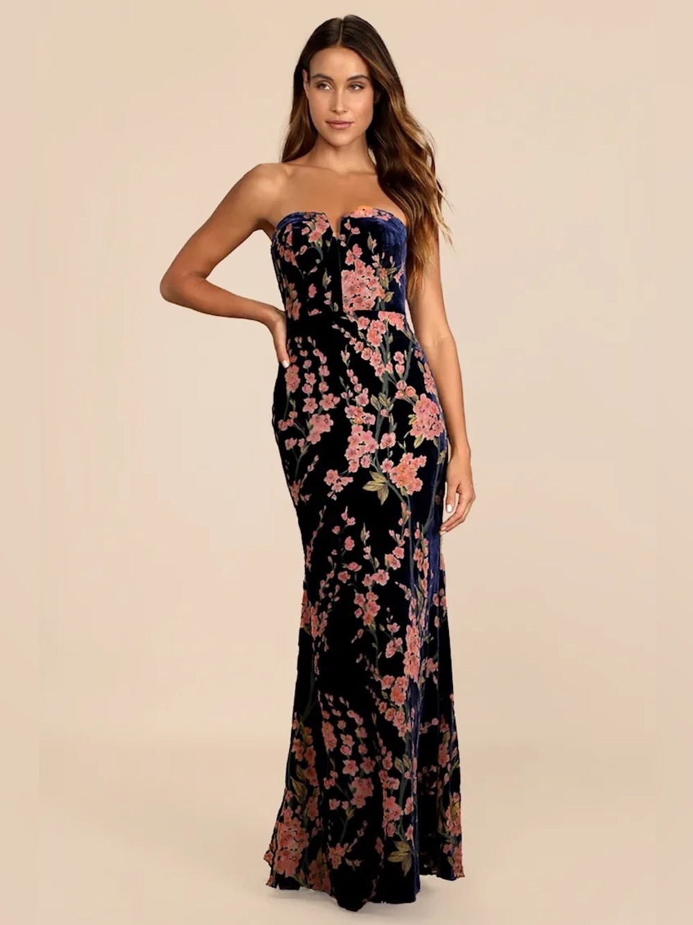 Lulus Bloom In Mind Navy Blue Floral Print Velvet Strapless Maxi Dress XS NWT - Picture 1 of 11